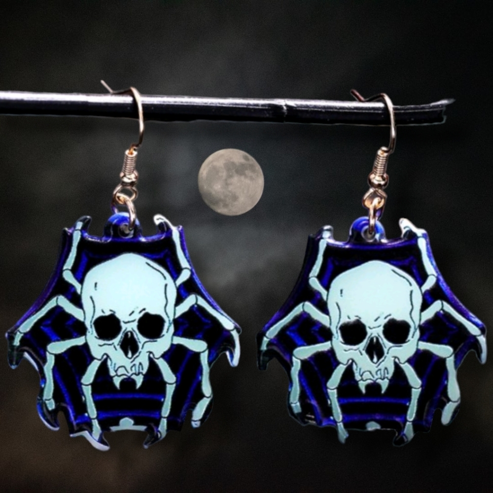 Glow in the dark skeleton spider earrings